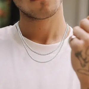 Trendy 2Pcs 3mm Chain Necklace for Men Layered 14K Silver Plated Cuban Link Rope Necklaces Set Simple Jewelry