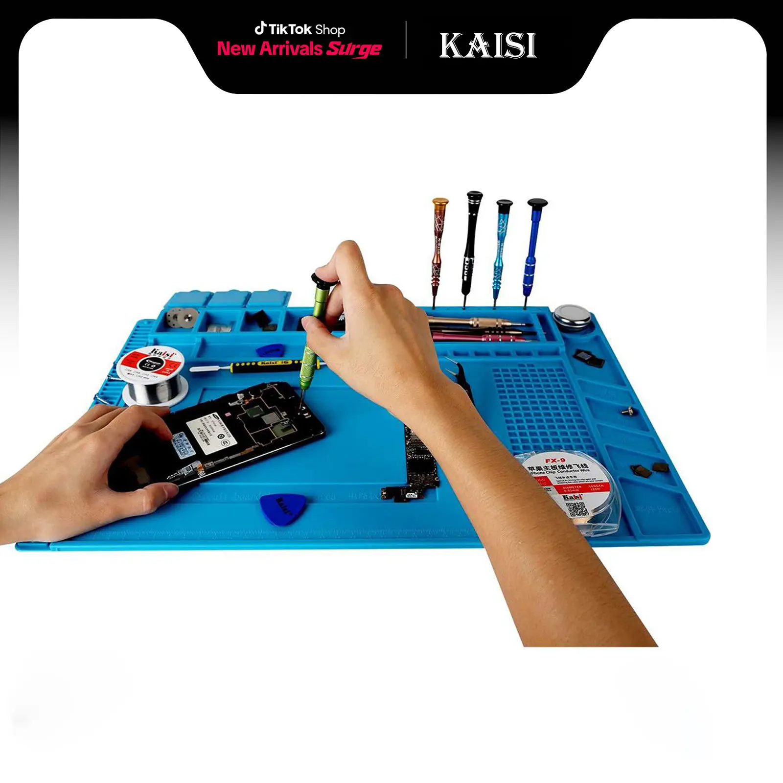 Kaisi S160 Fireproof Heat-Resistant Silicone Magnetic Soldering Mat - Soldering Station Accessory with Magnetic Grids, Inch-Sized Design for Circuit Board Assembly, Cellphones, Camera Repair (Mat + Tools)