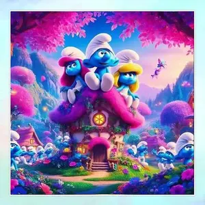 5D DIY Full Drill Round Diamond Painting - Diamond Painting Kit Smurfs House Mosaic Canvas DIY Wall Art, Home Wall Decoration, Suitable for Halloween, Christmas, Birthday, and Anniversary Gifts
