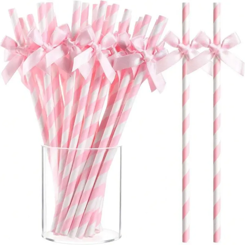 Pink Bow Paper Straws, Cute Straws, Coquette Style Striped Drinking Straws with Ribbon Bow, Decorative Party Straws for Girls Birthday, Baby Shower & Bachelorette Party Supplies