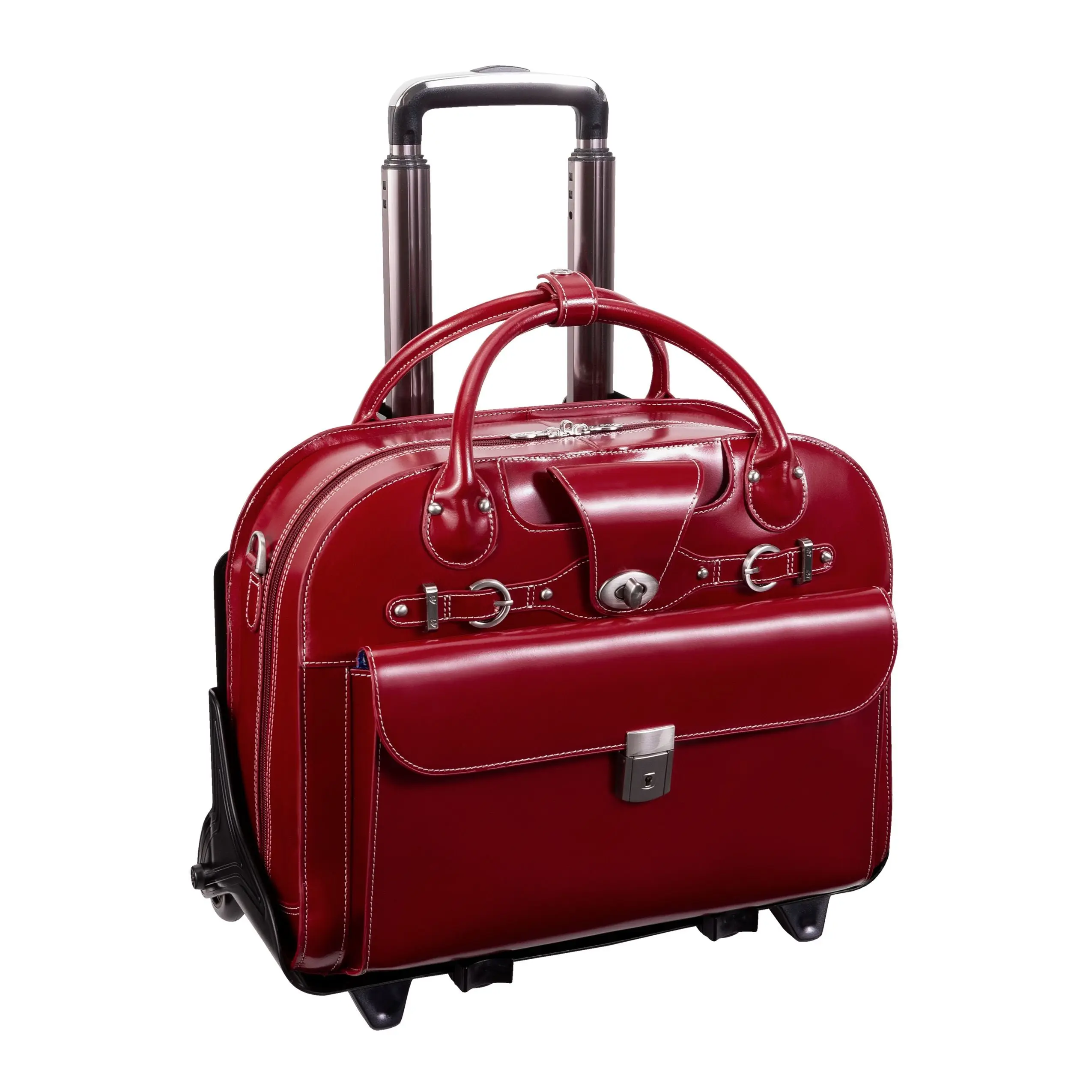 Women's Red Leather Rolling Briefcase, Multi-Compartment Business Laptop Bag, Checkpoint Safe with Key Lock and Weatherproof Cover, Shoulder Strap