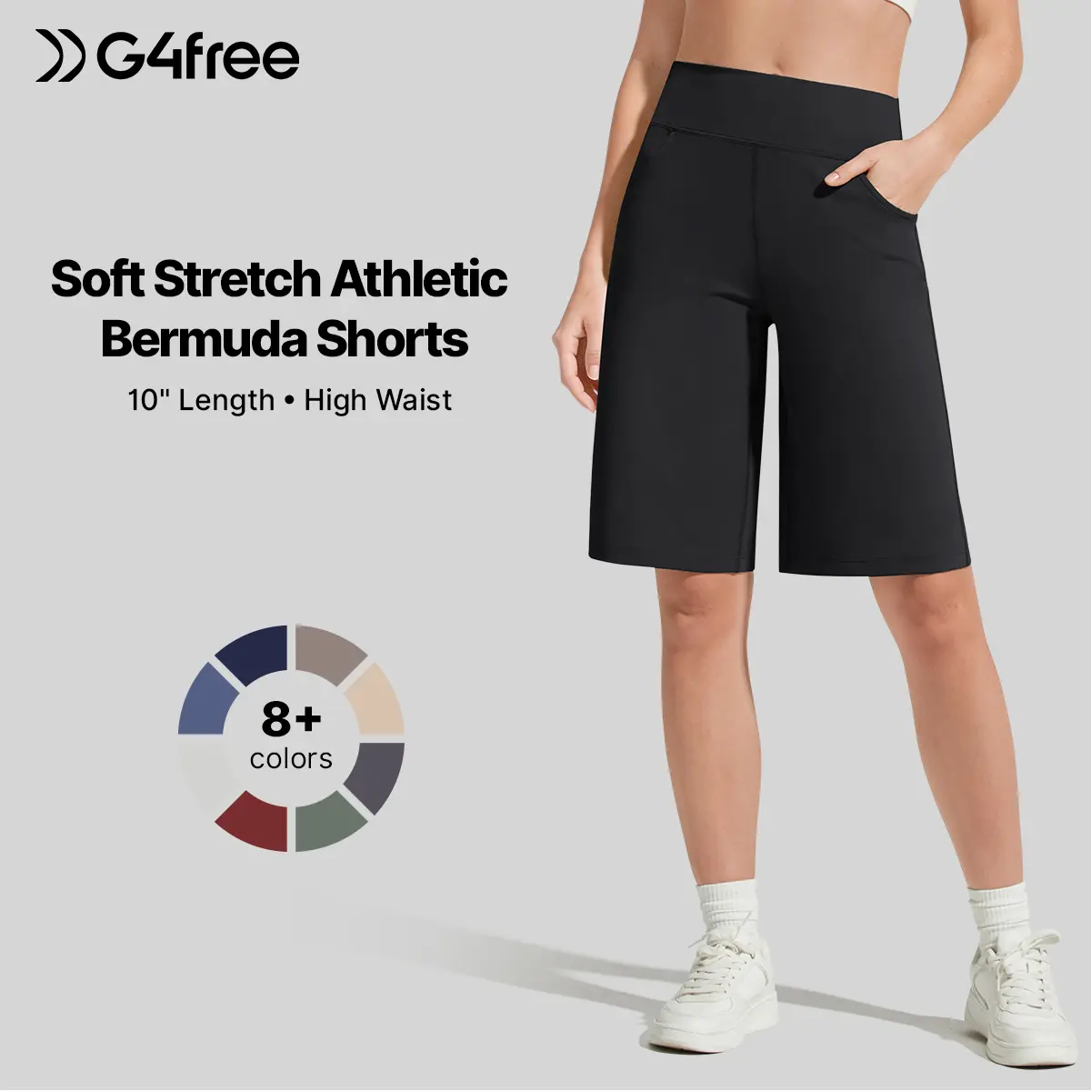 G4Free EverGoing Women's Bermuda Shorts - 10" Knee-Length, Solid, 4-Way Stretch, Athletic Casual Long Shorts with Pockets, Solid Shorts
