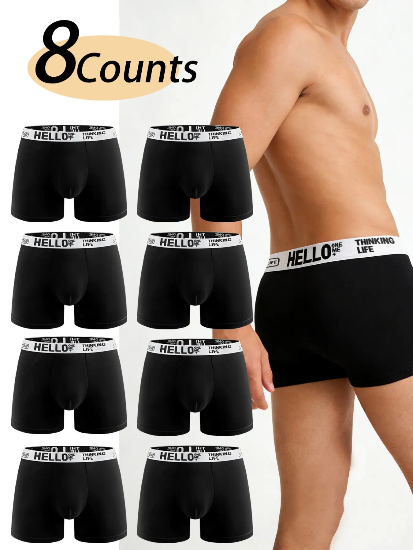8 pcs men's 'HELLO' flat cornered underwear, comfortable boxer briefs, High elasticity, quick drying sports underwear, Activewear, suitable home-based, comfortable men's flat underwear, all seasons, Cooling Breathable Briefs