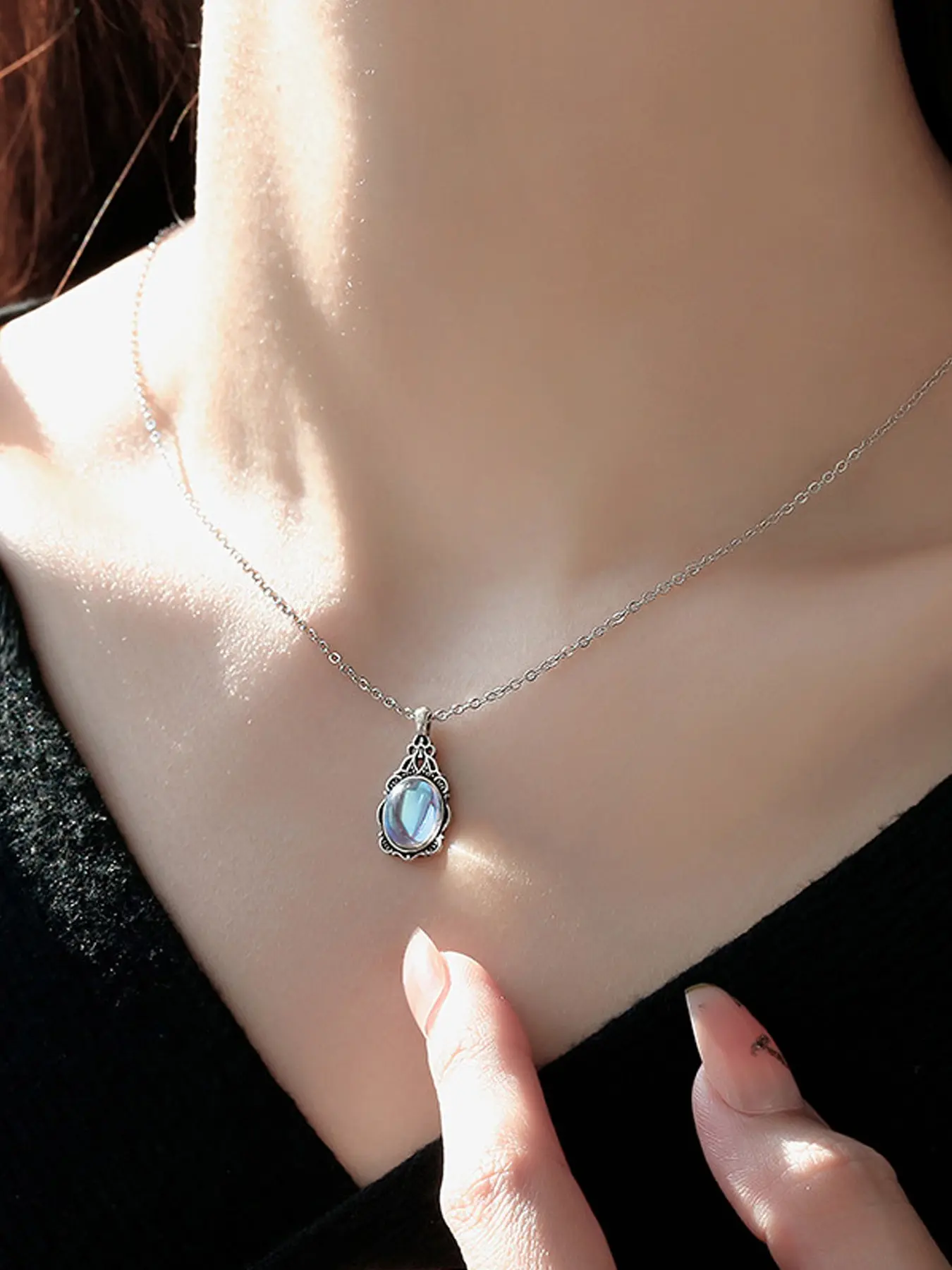 Arctic Light Necklace, Bohemian Moonstone Teardrop Pendant, Unisex Synthetic Gemstone Jewelry, Elegant Design, O-Shape Chain, Fashion Necklace