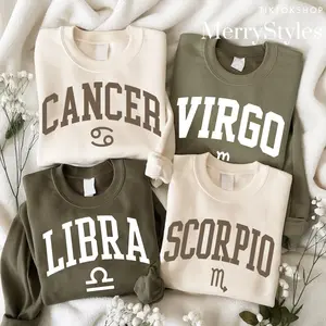 Minimalist Zodiac Sweatshirt – Astrology Sign Crewneck for Men and Women, LIBRA, CANCER, VIRGO, SCORPIO Cozy Horoscope Pullover with Bold College Letter Design, Perfect Gift for Zodiac Lovers Q56, Menswear, Round Neck