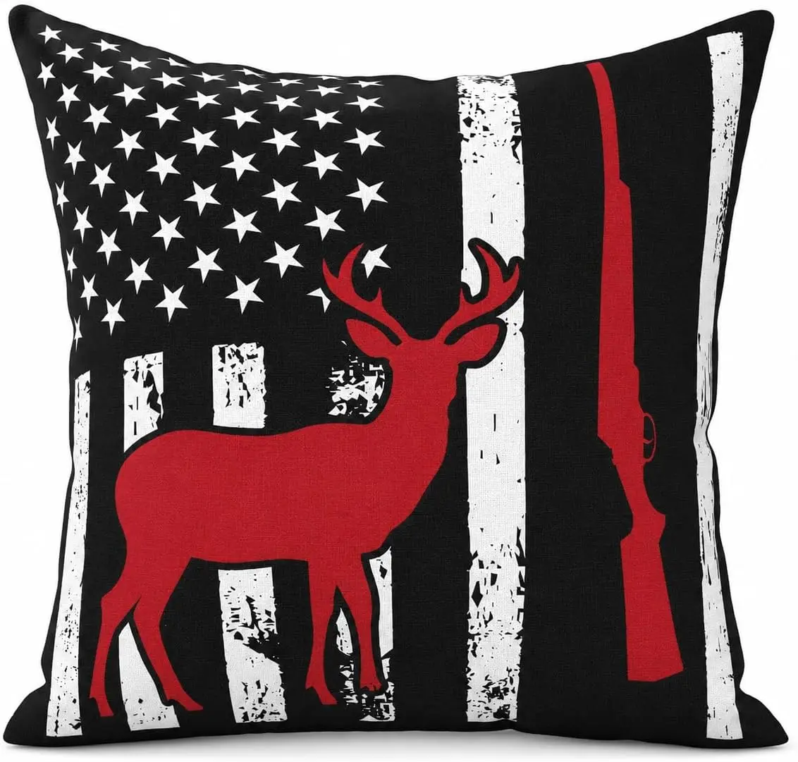 Patriotic Deer Throw Pillow with Insert Included, Rustic American Flag Hunting Decor Pillow, Red Buck Silhouette Accent Cushion for Cabin, Lodge, Farmhouse, Porch, Sofa, Chair, Bed