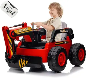 12V 4WD Red Electric Ride On Excavator Toy for Toddlers, Battery-Powered Construction Digger with Remote Control, Bluetooth Music, USB Player, Safety Features, Durable 4-Wheel Design