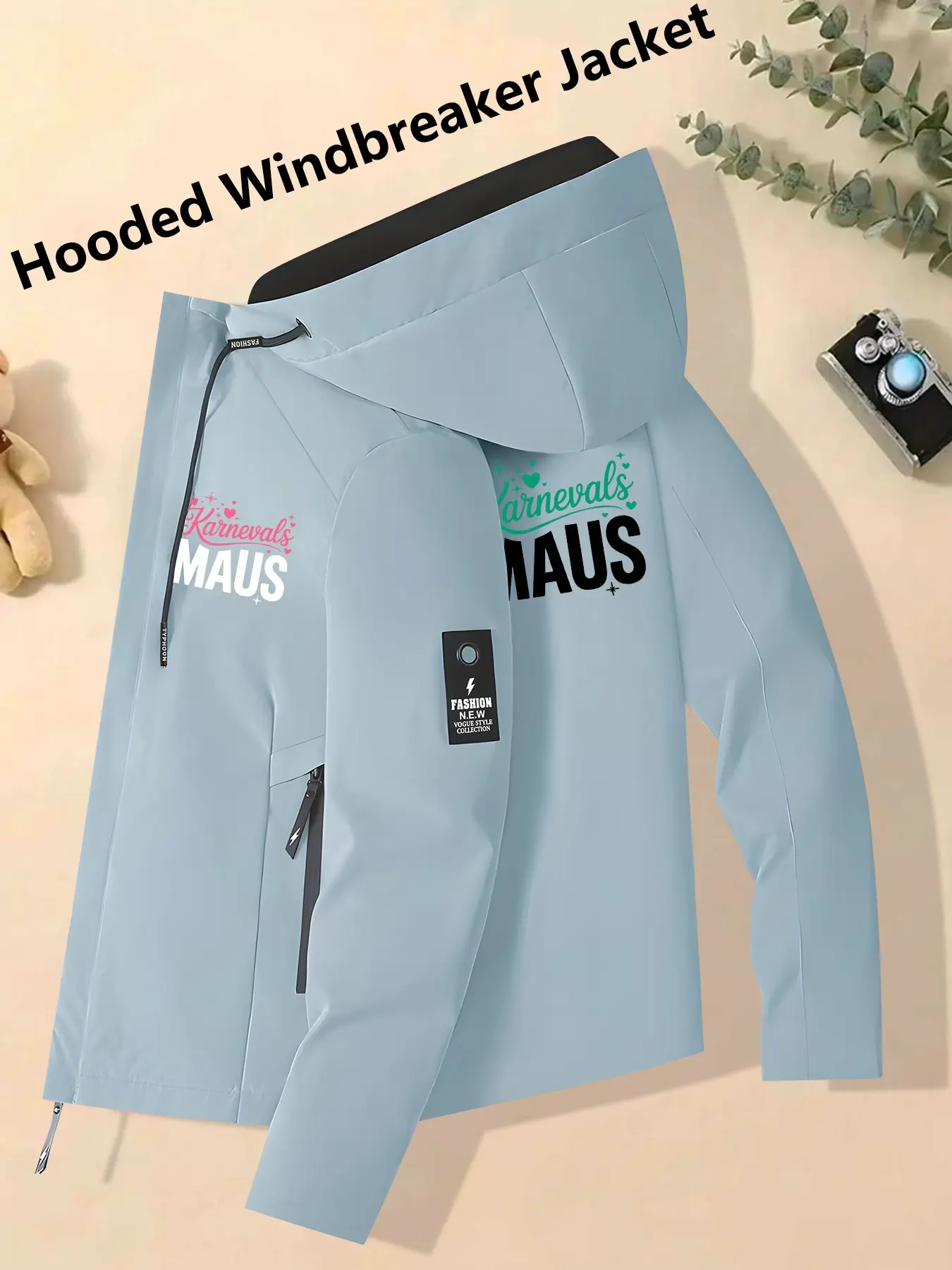 Women's Hooded Windbreaker Jacket Light Blue Karnevals MAUS Carnival Mouse Print Windproof Waterproof Breathable Relaxed Loose Fit Skin-Friendly Versatile Outerwear for Carnival & Cute Style Fans Perfect for Commuting Hiking & Casual Outings