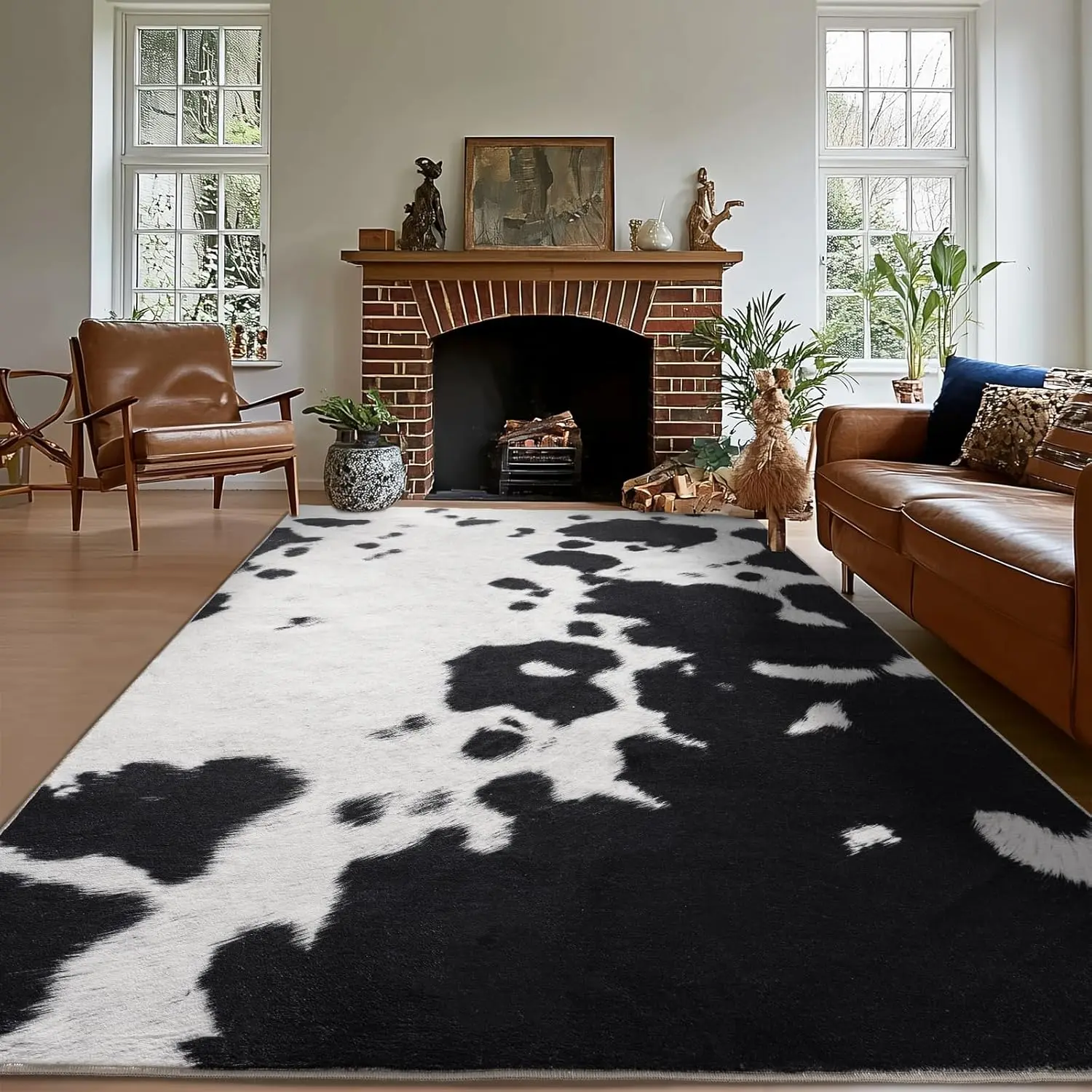 Cowhide Print Rug for Living Room, Cow Rug Machine Washable for Bedroom Dining Room Western Home Decor Non-Slip Low Pile Indoor Floor Carpet