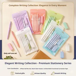 7-Piece Student Learning Set, Smooth Writing, Five Colors Available, Includes 4 Ballpens, Highlighter, Eraser, Correction Tape, Perfect Classroom Gift, Stationery Set