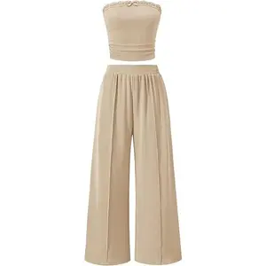 ZESICA Two Piece Sets for Women Going Out Outfits 2026 Summer Crop Tube Tops and Wide Leg Pants Matching Lounge Set