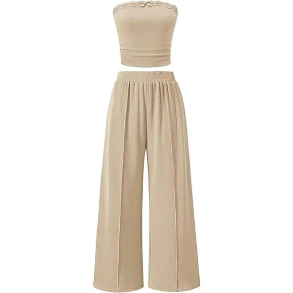 ZESICA Two Piece Sets for Women Going Out Outfits 2026 Summer Crop Tube Tops and Wide Leg Pants Matching Lounge Set