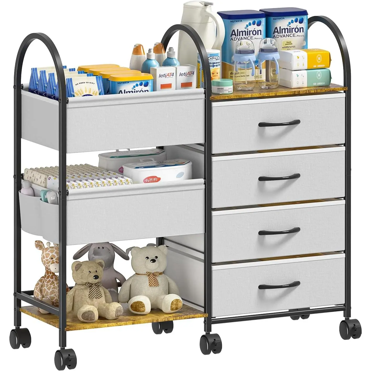 Baby Diaper Caddy Organizer Cart with Wheels, 4-Tier Rolling Diaper Cart with Dividers and Drawers, Multi-Layer Nursery Storage for Diapers & Baby Essentials