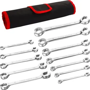 12- Flare Nut Wrench Set, Metric & Standard, 12-Point Line Wrench Set 6 to 21mm & 1/4" to 7/8", Cr-V Steel