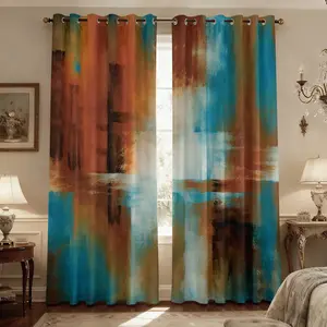 2-piece minimalist artistic Grommet Curtains Orange blue brown gradient color contrast printing filter translucent Window Drapes suitable for machine washable decorative curtains in living rooms, bedrooms, kitchens, etc.