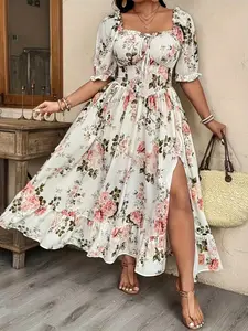 Plus Size Floral Print Dress, Casual Wear, Lace Trim Square Neck + Puff Sleeves, High Waist Ruched Design, Flowy A-Line Skirt, French Countryside Style