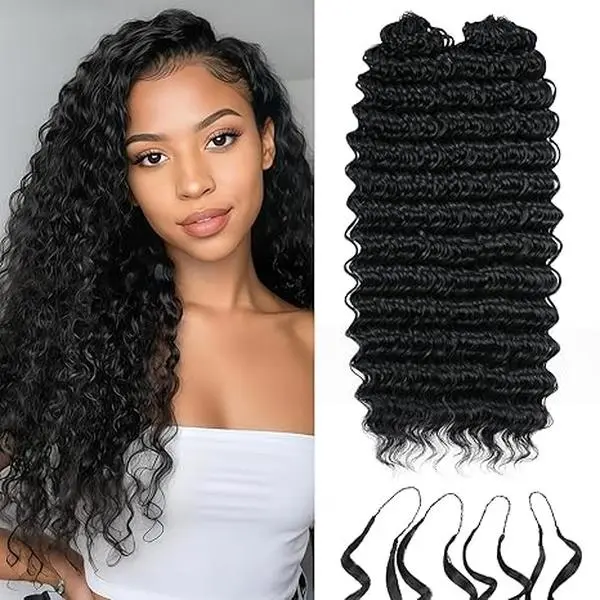 2026 New Deep Wave Feather Crochet Hair, Miracle Knots Invisible Pre-Parted, Human Hair Blend Lightweight Reusable Hair Extensions 16 Inch 1B Natural Black 2Pcs Curly Wave Dreadlocks backtoschool