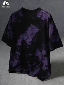 Unisex Black Purple Tie-Dye 100% Cotton T-Shirt, Oversized Fit, American High Street Dark Streetwear Style, Summer Casual Versatile Top with Gradient Tie-Dye Texture