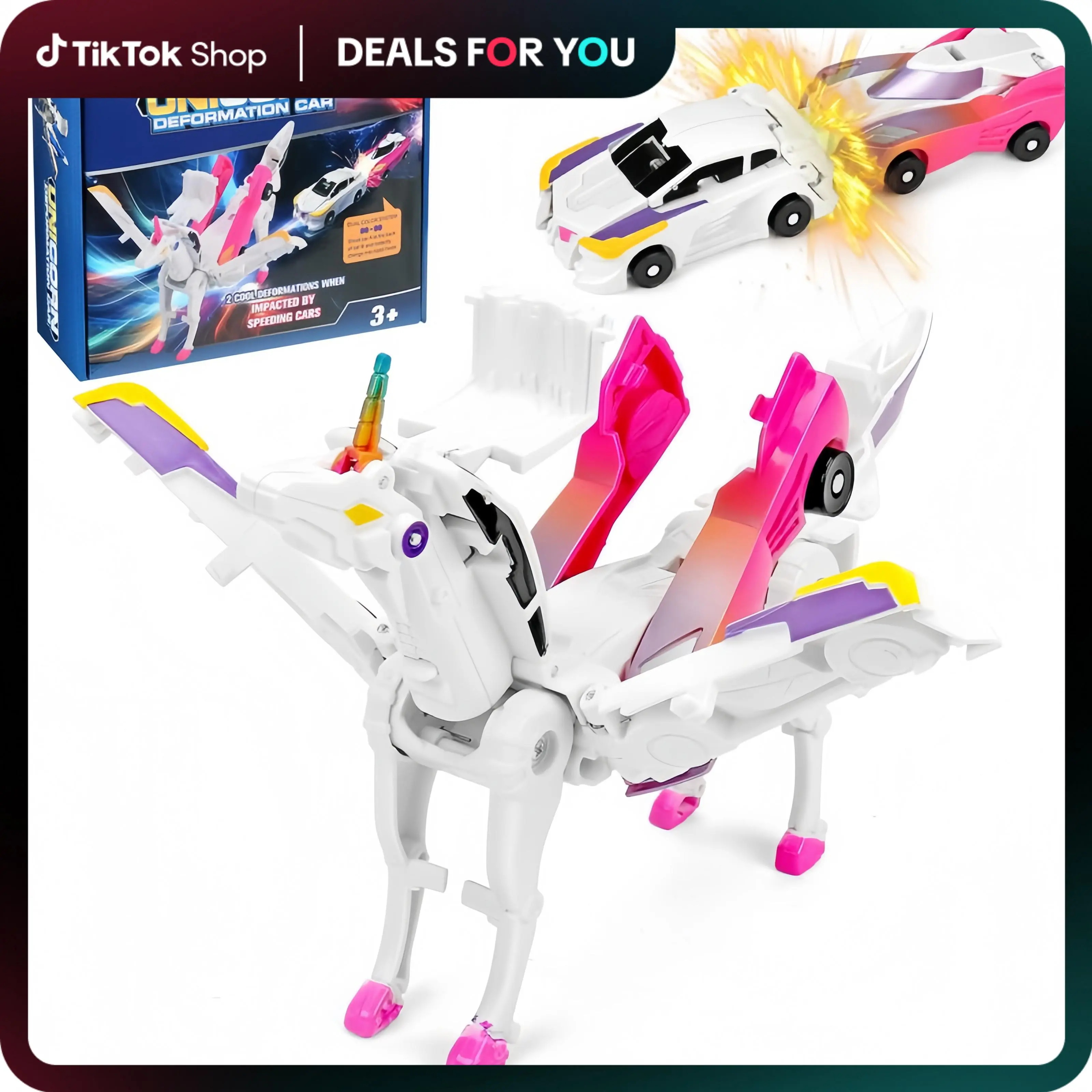Hotfree Magnetic Unicorn Transformer Car Toy, 2-in-1 Magnetic Cars That Transform into Unicorn Deer and Flying Dragon, Automatic Collision Transforming Toy, Fun Robot STEM Toy Birthday Christmas Gift for Boys & Girls Transformation Magical  Play Car
