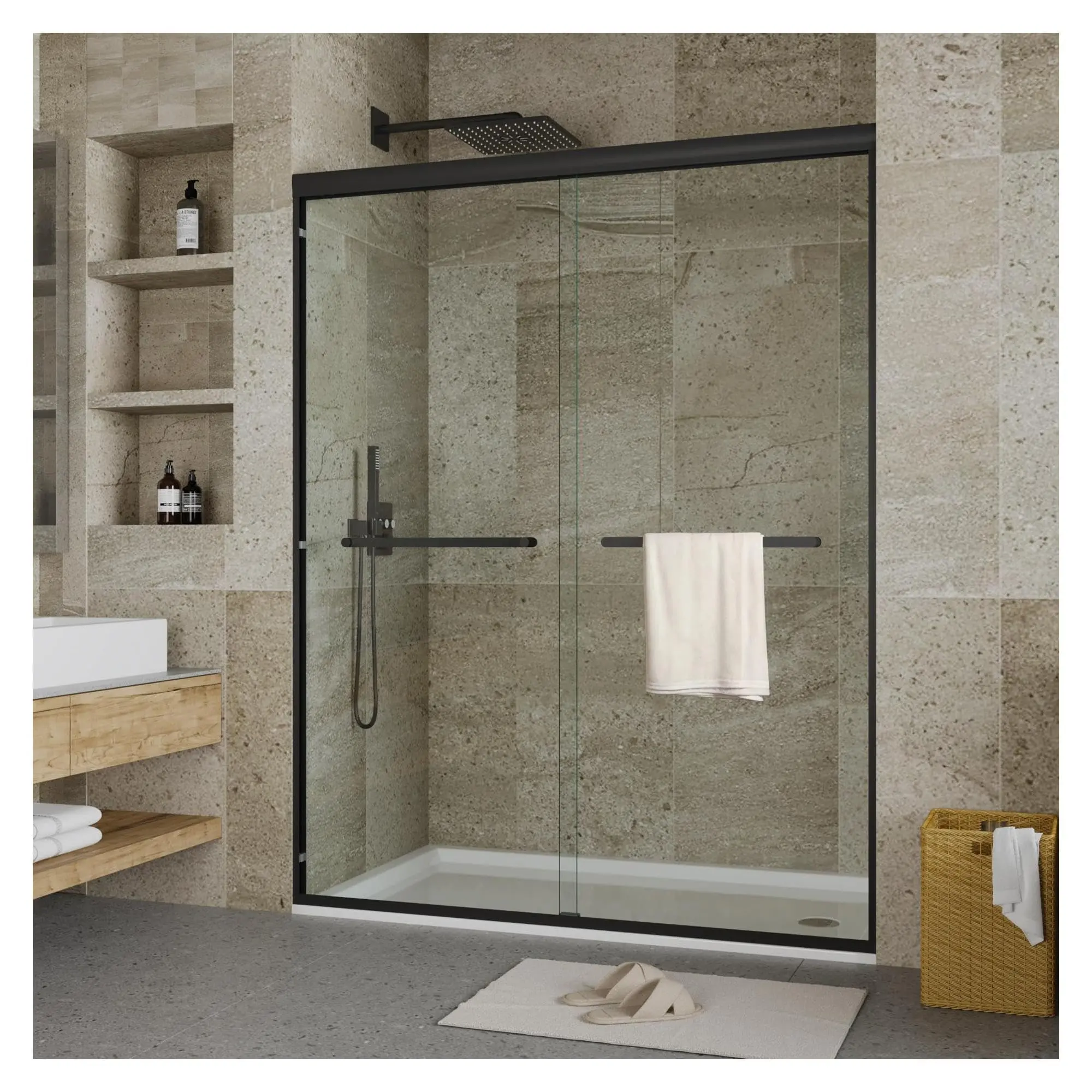 48"x72" Adjustable Size Frameless Double Sliding Glass Shower Door - 3/8" Tempered Glass with Explosion-Proof Film - Brushed Nickel Hardware - Modern Home Improvement Bathroom Fixture Upgrade