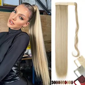 Ponytail Extension Wrap on 32 Inch Straight Ponytail Clip in Hair Extensions Black Brown