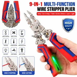 9-in-1 Foldable Wire Stripper Cutter - Multifunctional Crimping Plier with Voltage Tester, LED Light, Screwdriver - Electrical Work Tools, Hand Tools for Work Projects