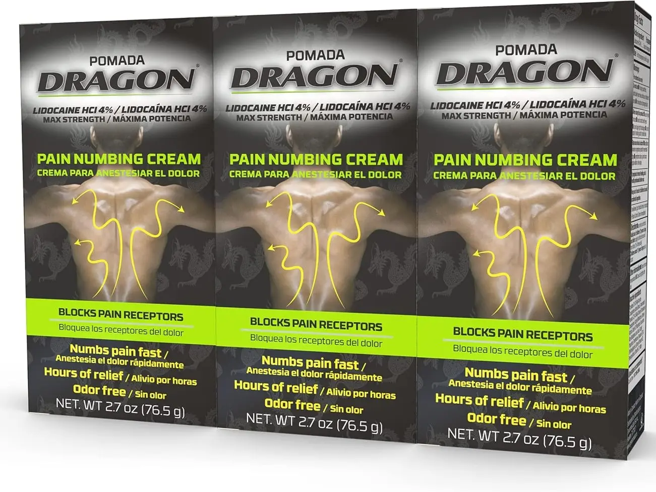 Dragon Maximum Strength Pain Relief Numbing Cream with Lidocaine, 3 Pack, 2.7 Ounce - Gentle Formula for All Skin Type - 3 Pack