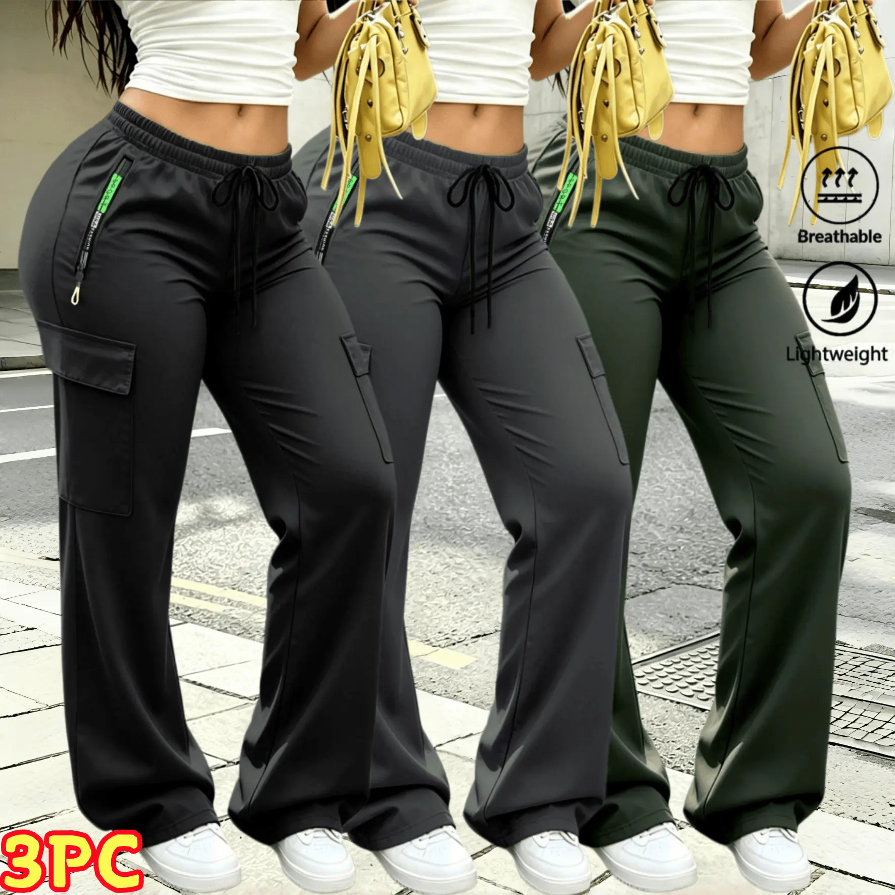 3-piece women's lightweight CargoFlare pants, elastic elastic band high waist casual wide leg pants, breathable quick drying zipper pocket street wear Bootcut sports pants, athleisure wear，trendy multi pocket summer sports outdoor pants