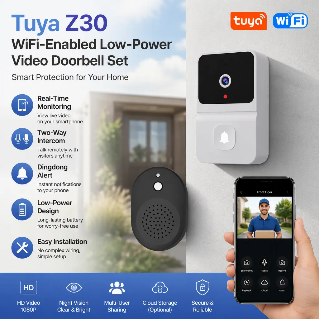Low‑Power Tuya Z30 WiFi Video Doorbell Kit, Two‑Way Intercom, Dingdong Chime, Real‑Time Remote Monitoring on Mobile Phone