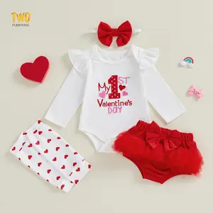 Baby Girls My First Valentine's Day Outfits Long Sleeve Letter Heart Embroidery Romper Pp Shorts Headband Leg Warmers Sets