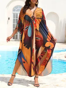 Plus Size Boho Kaftan Dresses for Women, V-Neck Moo Moos Batwing Design, Beach Dress, Bathing Suit Cover-Up, Loungewear