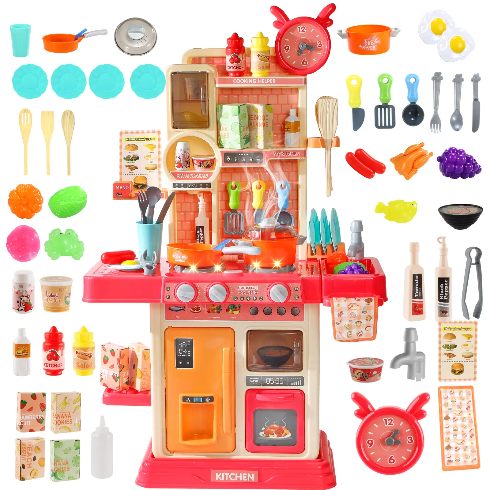 Pretend Play Kitchen Toys for Kids 45PCS with Cooking Stove Steam Play Sink Sound & Light Effects Realistic Kitchen Accessories Interactive Water Pipe Built-in Lights