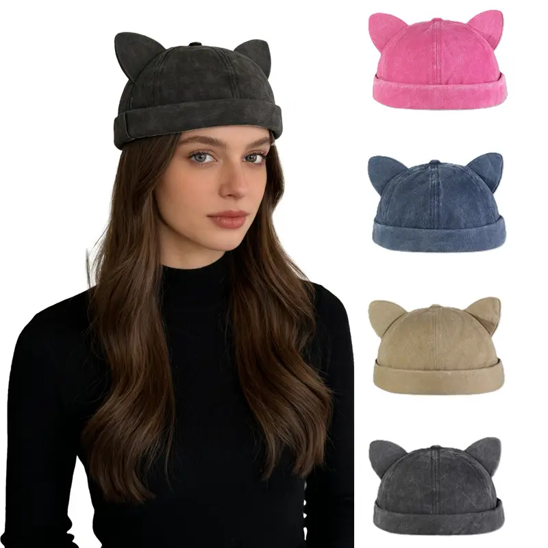Cute cat ear brimless farmer hat for women, casual versatile melon seed hat, washed and distressed stylish hipster hat for men