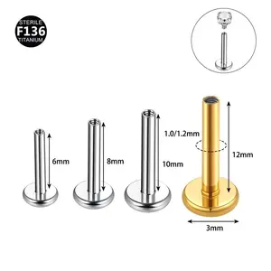 F136 Titanium Labret Stud, Internal Threaded 3mm Flat Base Piercing Bar, Hypoallergenic Ear/Lip Piercing Jewelry for Men Women men's
