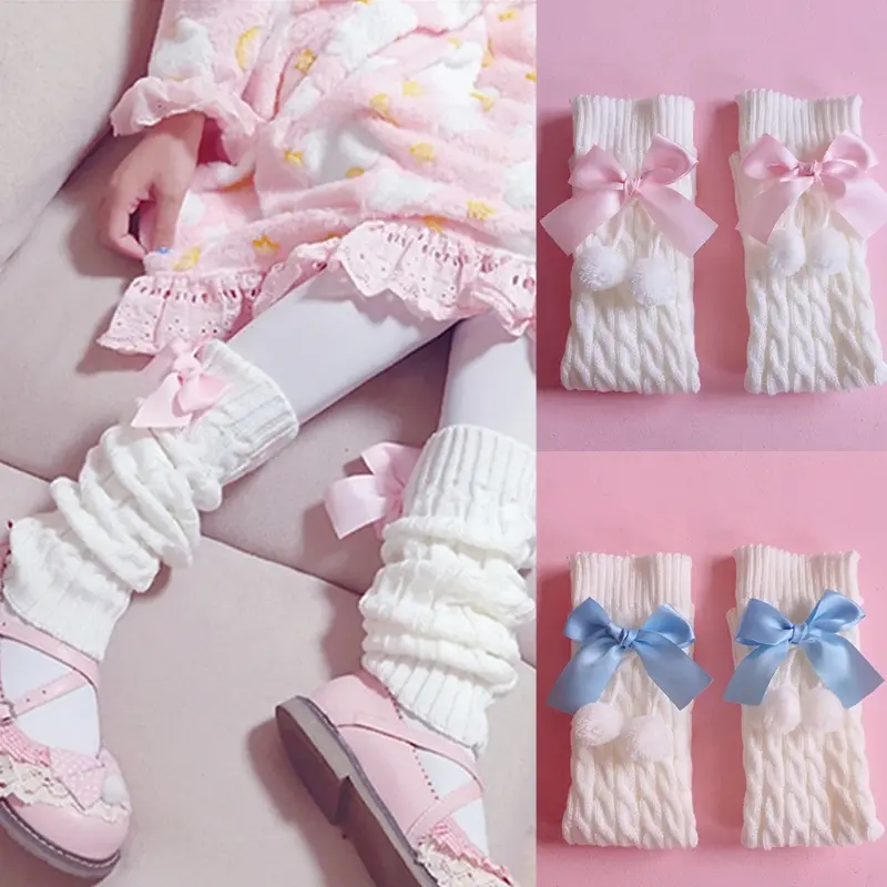 Women's Preppy Cute Style Plush Boot Cuff Socks - Japanese Lolita Chunky Twist Cable Knitted Knee-High Foot Covers with Sweet Bows, Plush Balls, Sock