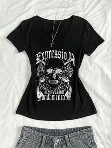 Women's Summer V-Neck T-Shirt, Punk Subculture Skull Anime Print Short Sleeve V-Neck Tee, Top, Y2K Style Streetwear, All Seasons, Fitted Design