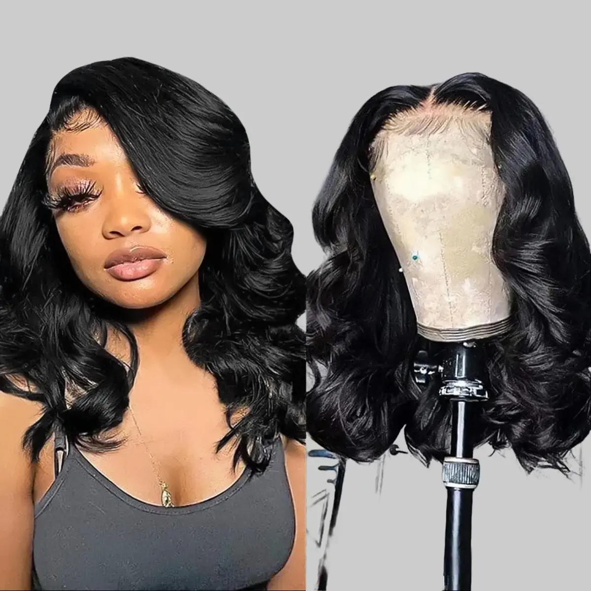 ULTRAFLOWER Glueless Human Hair Lace Front Wig, 13x6 Wear and Go Pre-Plucked Pre-Cut Body Wave Short Bob, 14in 180 Density Natural Color Heat Resistant Wig for Black Women, Glueless Wig