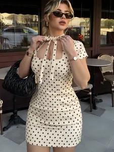 Polka Dot Dresses For Woman Lady Fitted Lace Up Mini Dress Spring Summer Short Sleeve Round Neck Elegant Party Dresses Sexy Cut Out Dotted Short Dress Women Resort New Women's Festive Dress Casual Fashionable Dress