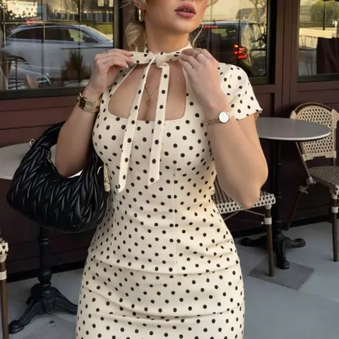 Polka Dot Fitted Lace Up Cut Out for Women, Polka Dot Dresses, Spring Summer Short Sleeve Round Neck Elegant Sexy Resort Party Festive Dress