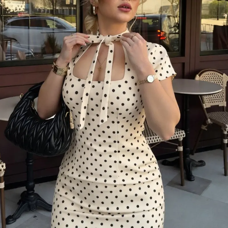 Polka Dot Fitted Lace Up Cut Out for Women, Polka Dot Dresses, Spring Summer Short Sleeve Round Neck Elegant Sexy Resort Party Festive Dress
