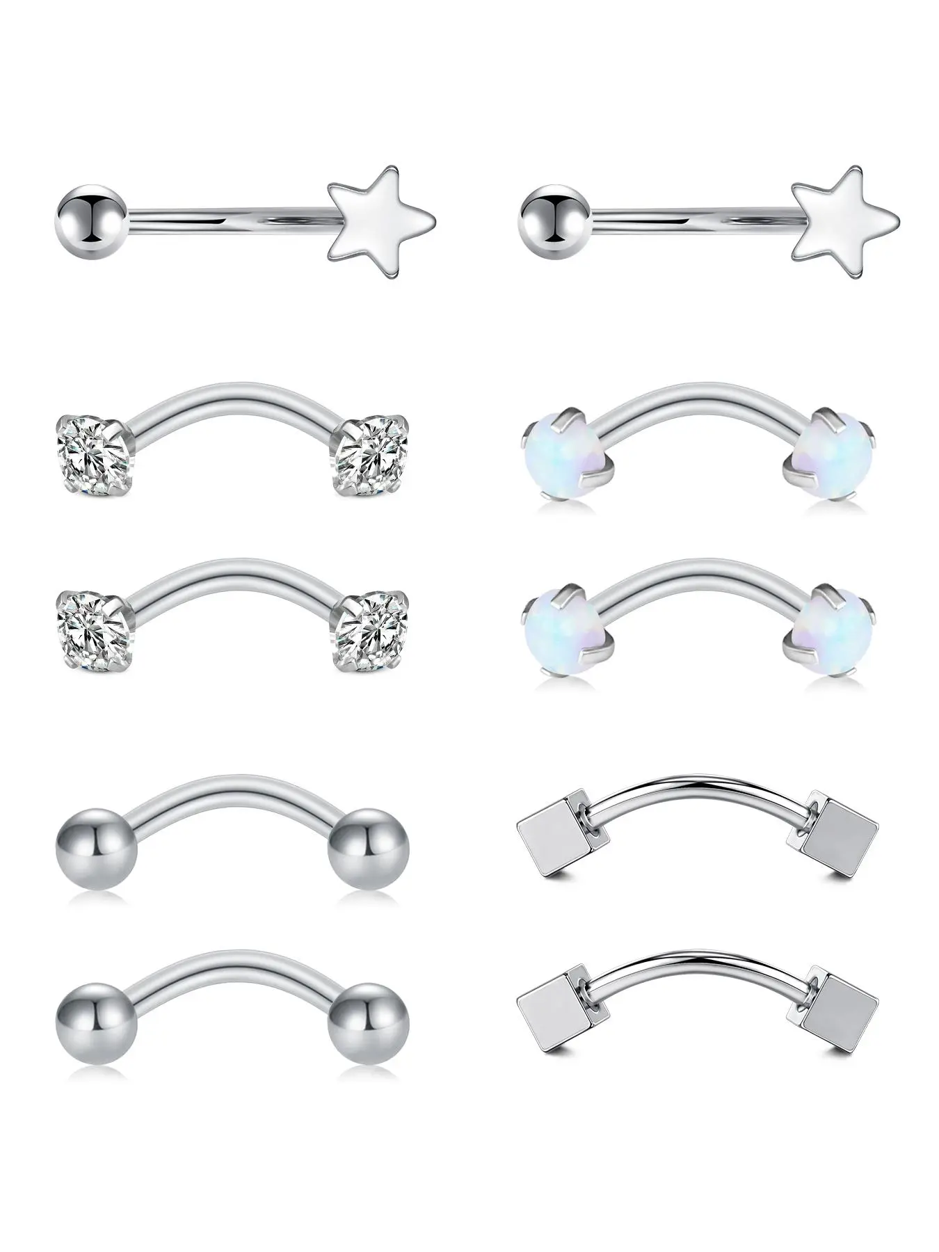Star & Rhinestone Decor Eyebrow Studs, 10pcs Curved Rod Eyebrow Piercing Jewelry for Women & Men, Stainless Steel Body Jewelry for Party, Daily Decor, Cubic Zirconia Jewelry, Flat Pierced Jewelry