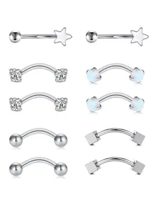 Star & Rhinestone Decor Eyebrow Studs, 10pcs Curved Rod Eyebrow Piercing Jewelry for Women & Men, Stainless Steel Body Jewelry for Party, Daily Decor, Cubic Zirconia Jewelry, Flat Pierced Jewelry