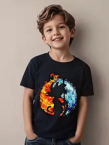 Children's summer comfortable "Ice and Fire Tai Chi Sun Wukong" pattern Graphic Tee, outdoor casual sports Graphic Tees Print - boys' cartoon printed T-shirt