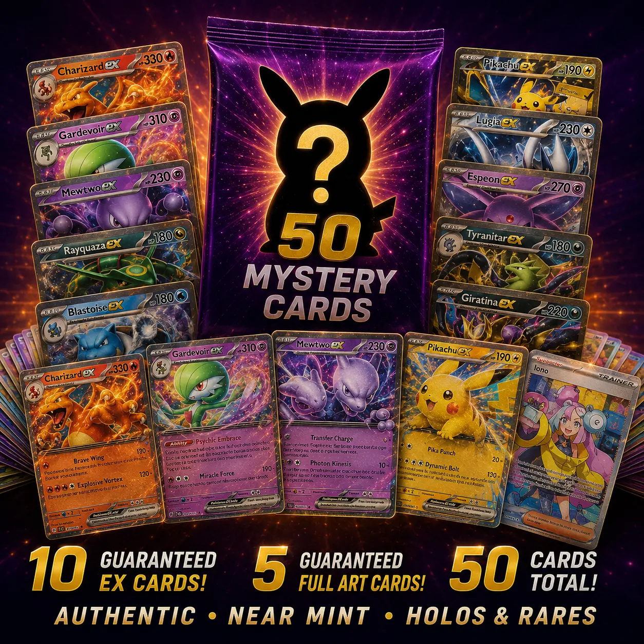 50 Card Pokemon Mystery Selection - 10 Guaranteed EX + 5 Full Art Cards | Authentic Near Mint Holos, Rares & Collector Lot