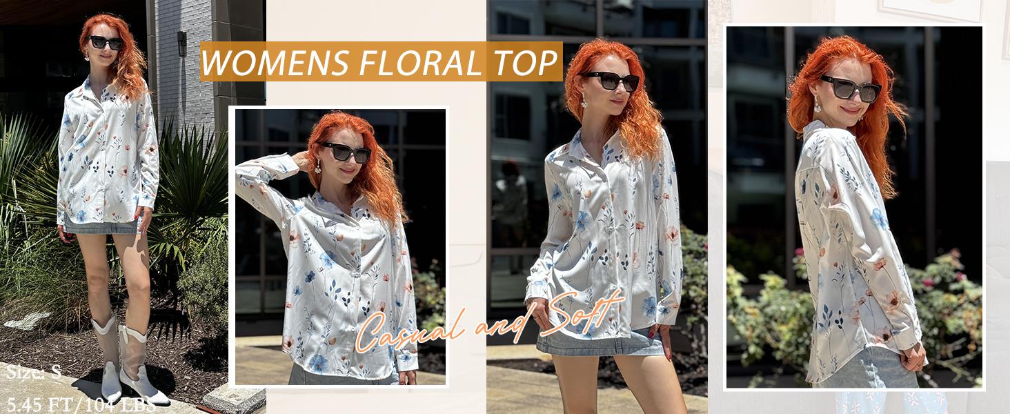 ZEAGOO Women's Longsleeves Button-Down Blouse, Floral Printed Lady Top with Elegance Style, Business Casual Work Outfits (S-XXL)