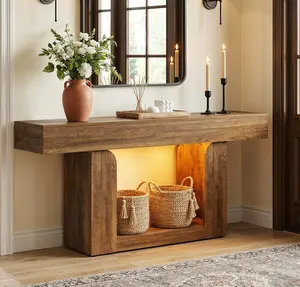 Homieasy 63'' Console Table, Entryway Table with LED Lights & Charging Station, Farmhouse Wooden Sofa Table for Living Room, Couch Table, Entrance Table, Living Room Furniture