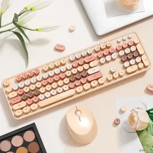 MOFii 1 Set Wireless Keyboard and Mouse Combo, Milk Tea Color Retro Round Keys, 2.4G Plug and Play Office Keyboard Mouse, Compatible with Laptop & Desktop, US Qwerty (Battery Not Included)