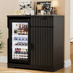 MIIFUNY Mini Fridge Cabinet (Fridge Included), Fluted Coffee Bar Cabinet with Refrigerator, Pull Out Drawer & Storage Cabinets, 31.5" Liquor Wine Bar Cabinet for Home, Kitchen, Dining Room, Black