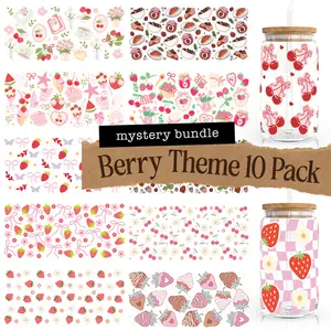 Berry Theme 10 UV DTF Cup Wrap Mystery Pack Double Sided Print for 16oz Glass Cup Decoration Spring Bulk Wraps with Strawberry Blueberry Raspberry & Cherry Patterns