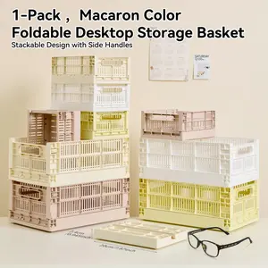 1-Pack Macaron Color Foldable Desktop Storage Basket, Stackable Design with Side Handles.